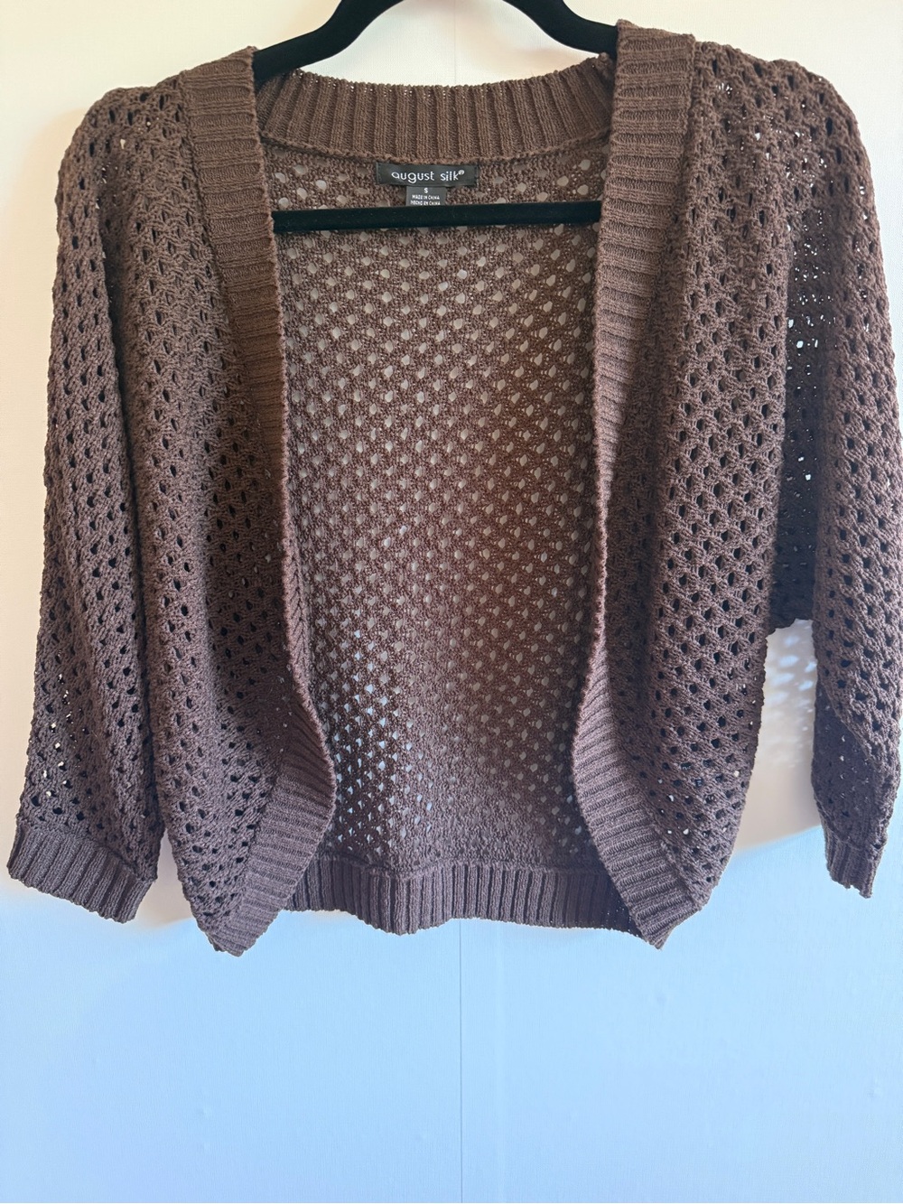 Brown Crochet Cardigan Open Knit Cropped Boho Lightweight Sweater